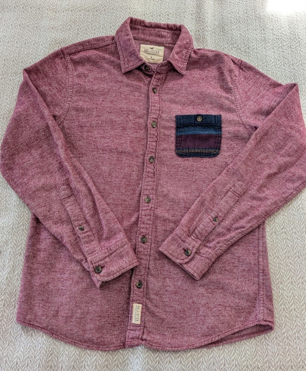 Hollister Flannel Shirt Mens M Deep Burgundy Wine Blanket Pocket Cabincore Boho